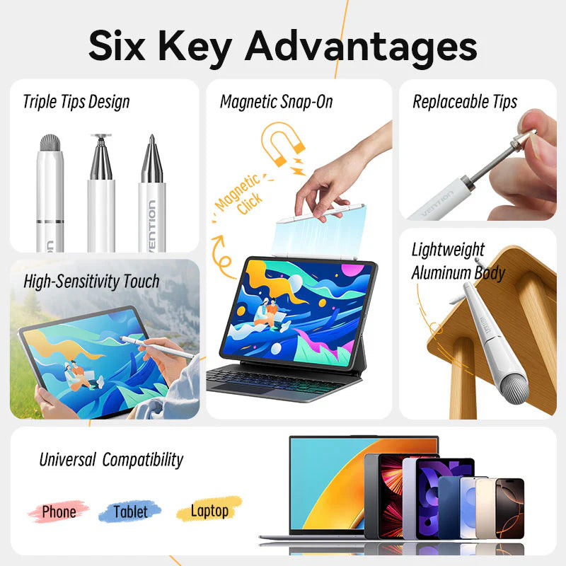 Vention 3-in-1 Magnetic Stylus Pen White Aluminum Alloy Type - Image 8