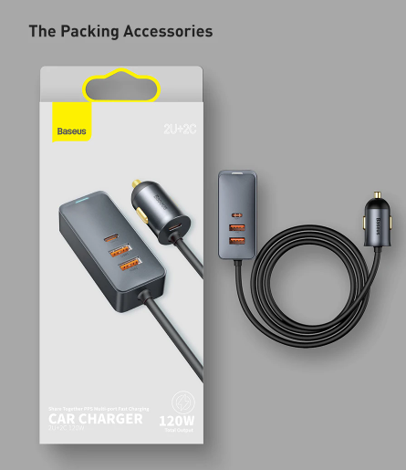 Baseus Share Together PPS multi-port Fast charging car charger with extension cord 120W 2U+2C Gray - Image 12