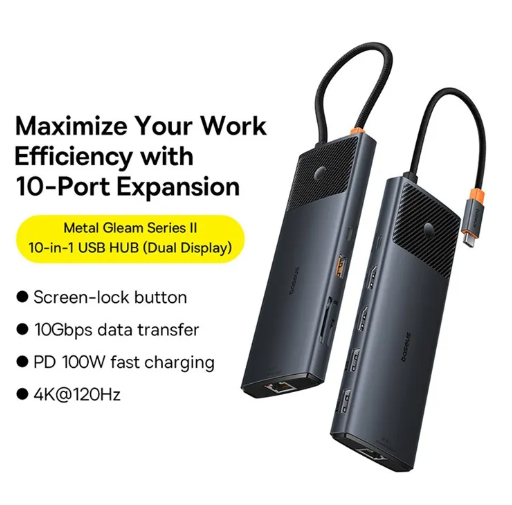Baseus Metal Gleam Series II, 10-in-1 USB HUB, USB-C to HDMI +1*USB-A+1*USB-C+2*USB-A+1*RJ45+1*SD/TF+1*USB-C+1*3.5mm - Space Grey - Image 2