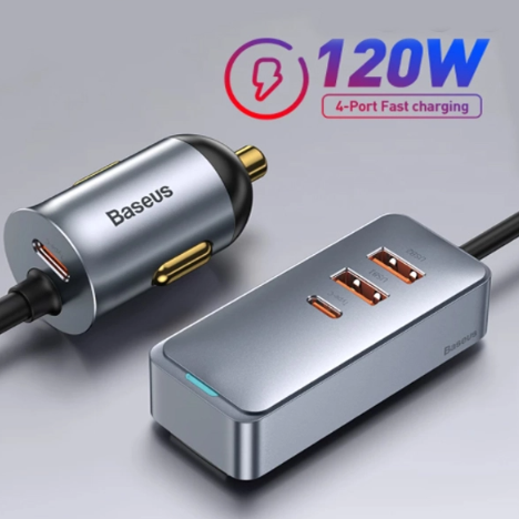 Baseus Share Together PPS multi-port Fast charging car charger with extension cord 120W 2U+2C Gray - Image 2