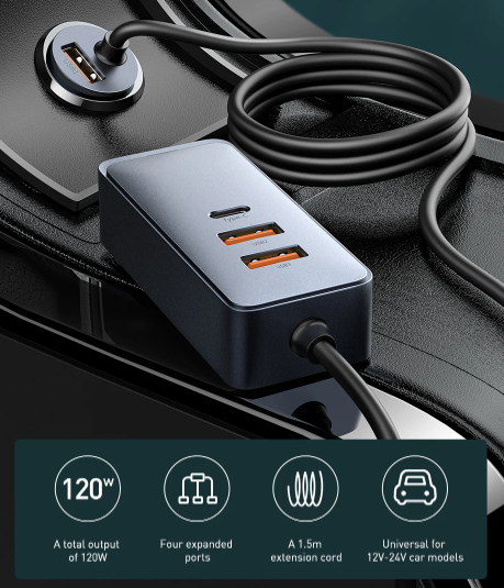 Baseus Share Together PPS multi-port Fast charging car charger with extension cord 120W 2U+2C Gray - Image 11
