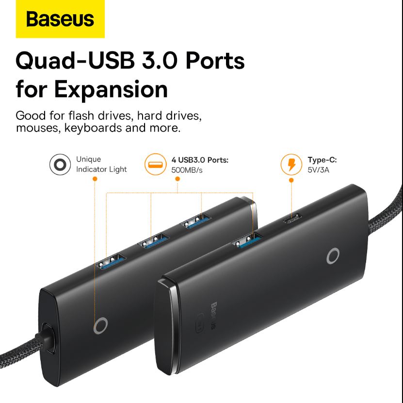 Baseus Lite Series 4-Port USB-A HUB Adapter (USB-A to USB 3.0*4) 25cm Black - Image 5