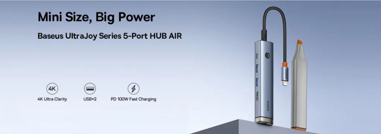 Baseus UltraJoy Series 5-Port HUB AIR Space Grey (Type-C to HDMI4K@60Hz*1 USB3.0*2 PD*1 RJ45*1) - Image 2