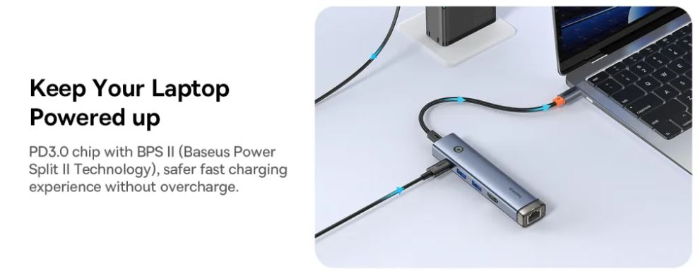 Baseus UltraJoy Series 5-Port HUB AIR Space Grey (Type-C to HDMI4K@60Hz*1 USB3.0*2 PD*1 RJ45*1) - Image 6