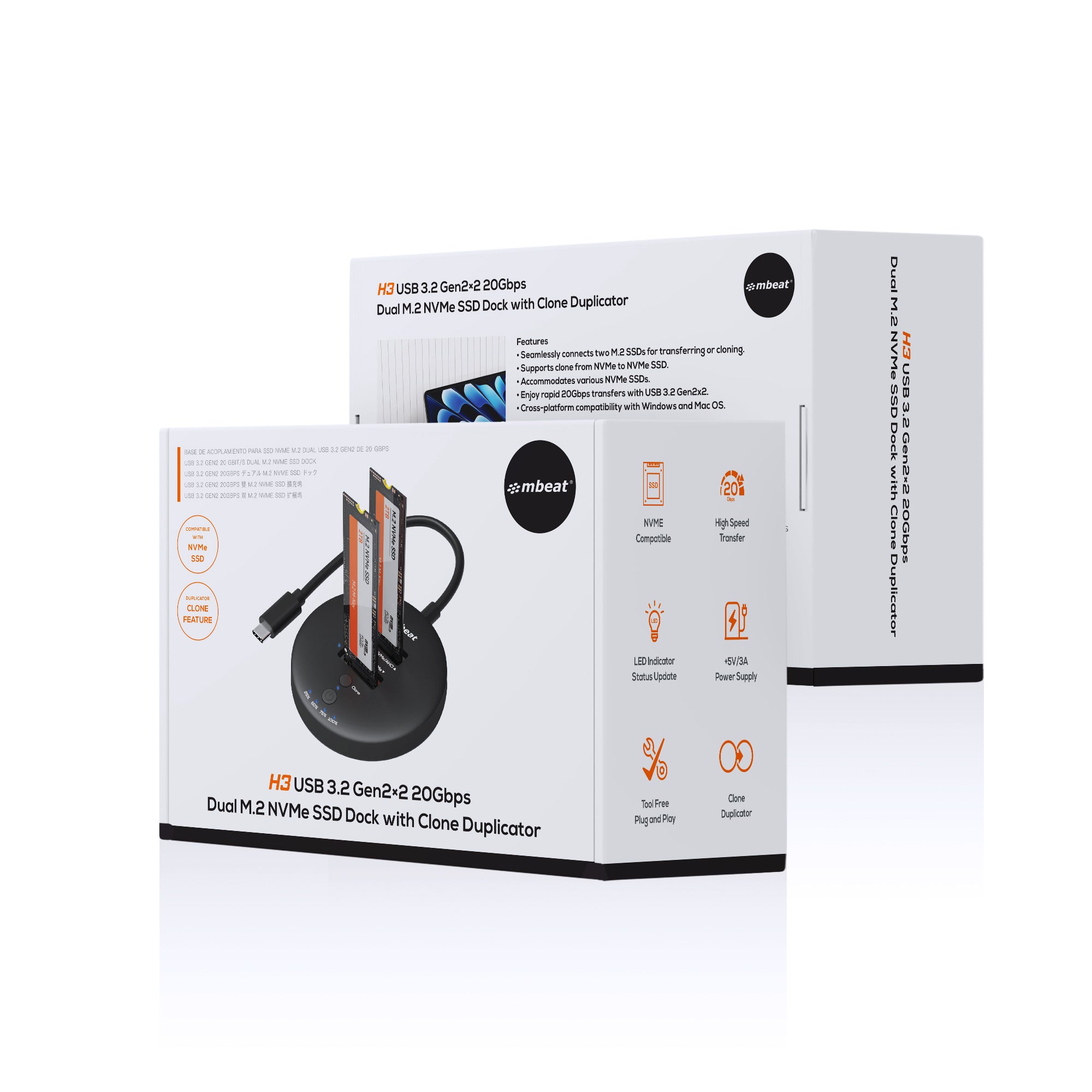 mbeat H3 USB 3.2 Gen2x2 20Gbps Dual M.2 NVMe SSD Dock with Clone Duplicator (Black) - Image 6